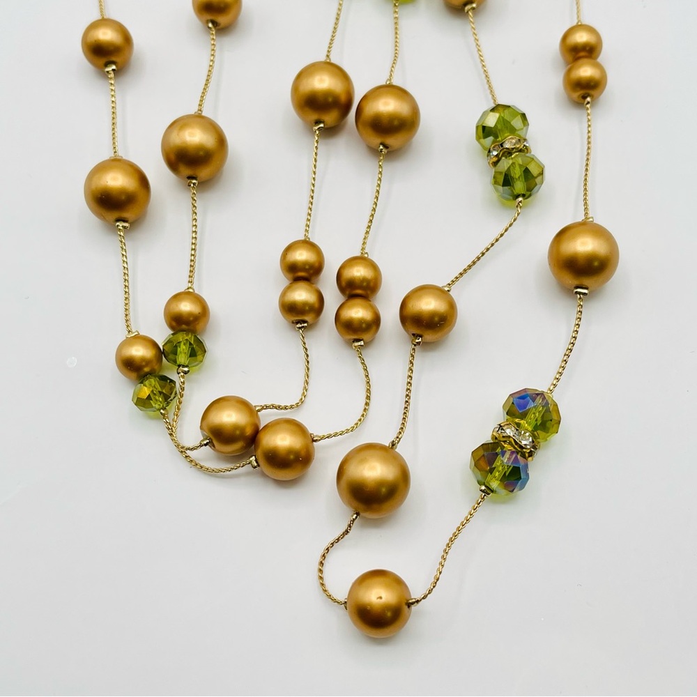 Coldwater Creek Gold Pearl and Green Aurora Borealis Long Necklace NWT